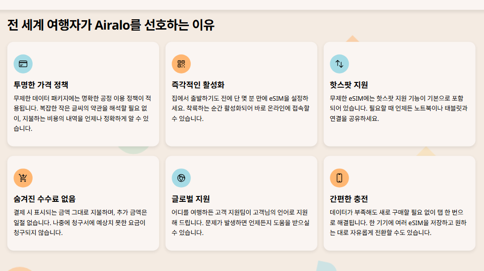 Airalo 무제한 페이지에서 가격 정책, 핫스팟 지원, 숨겨진 수수료 없음 등을 소개하는 안내 카드 화면