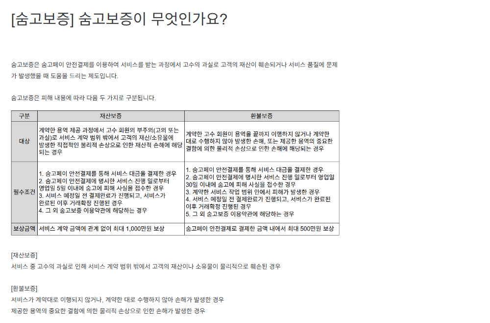 숨고 고객센터 숨고보증 안내 캡처, 재산보증과 환불보증의 대상과 필수조건, 보상금액을 나란히 정리한 표