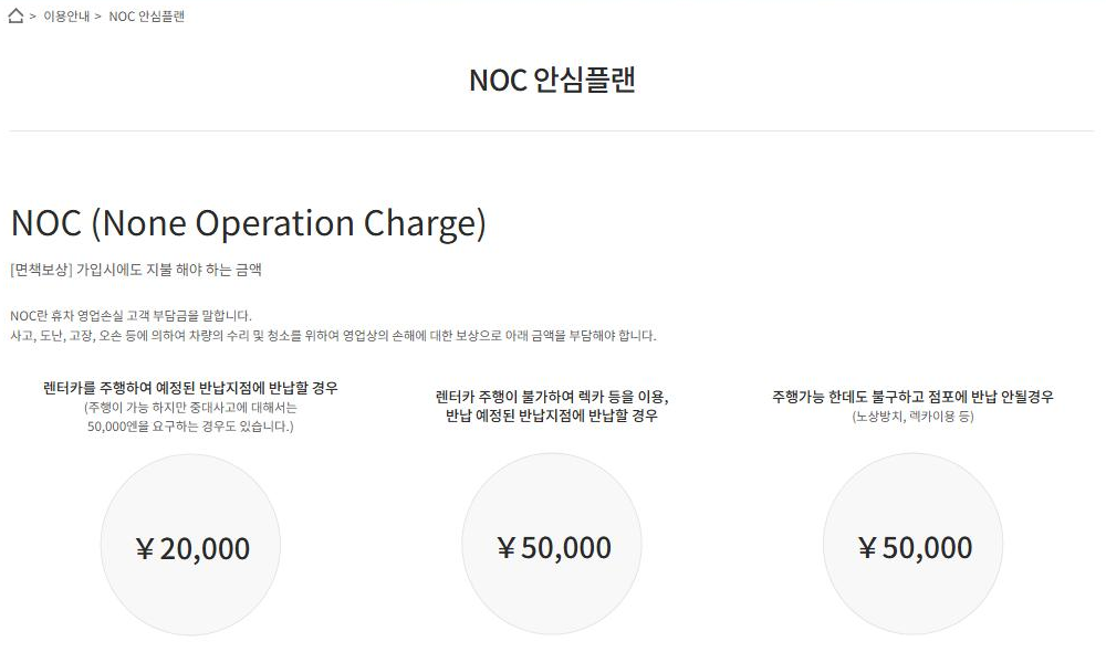 도요타렌트카 예약 사이트 NOC 안심플랜 페이지 캡처: NOC 설명과 세 가지 경우의 안내